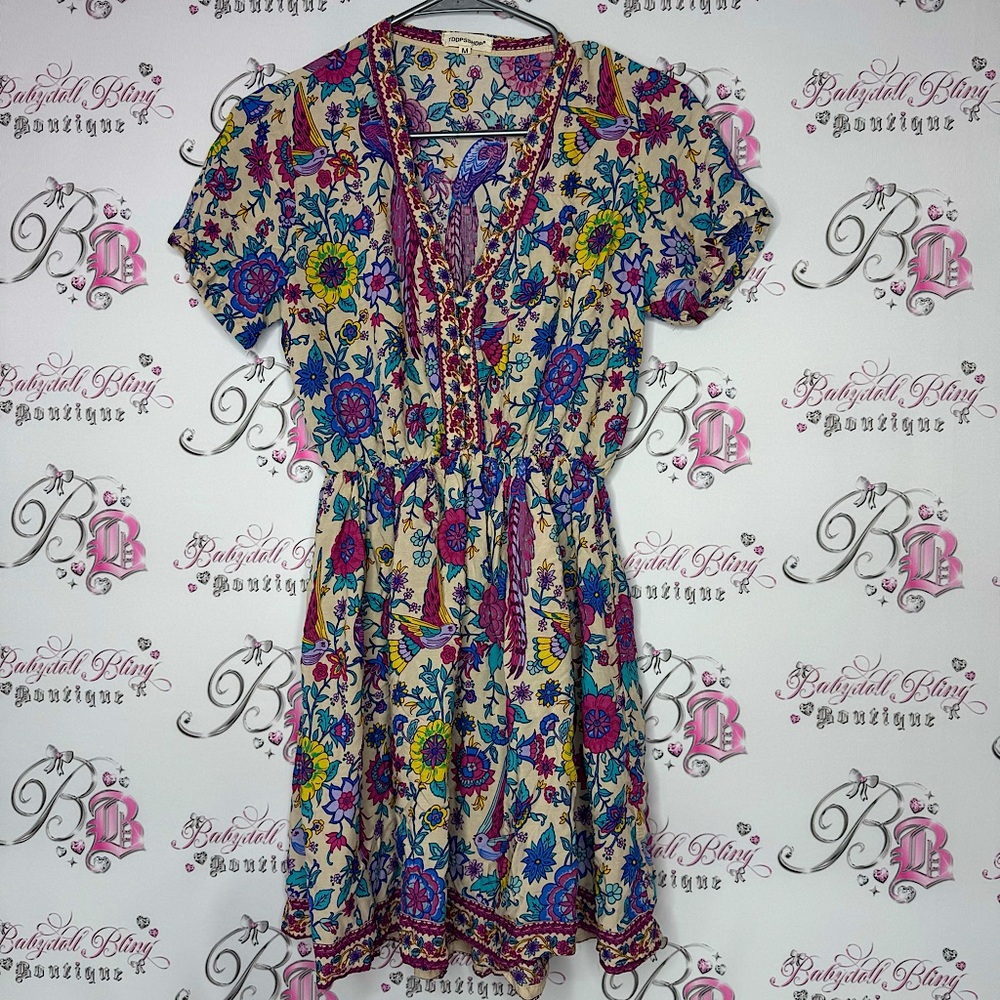 TDDPSSHDP Junior size dress floral bird humming parrot flowers boho